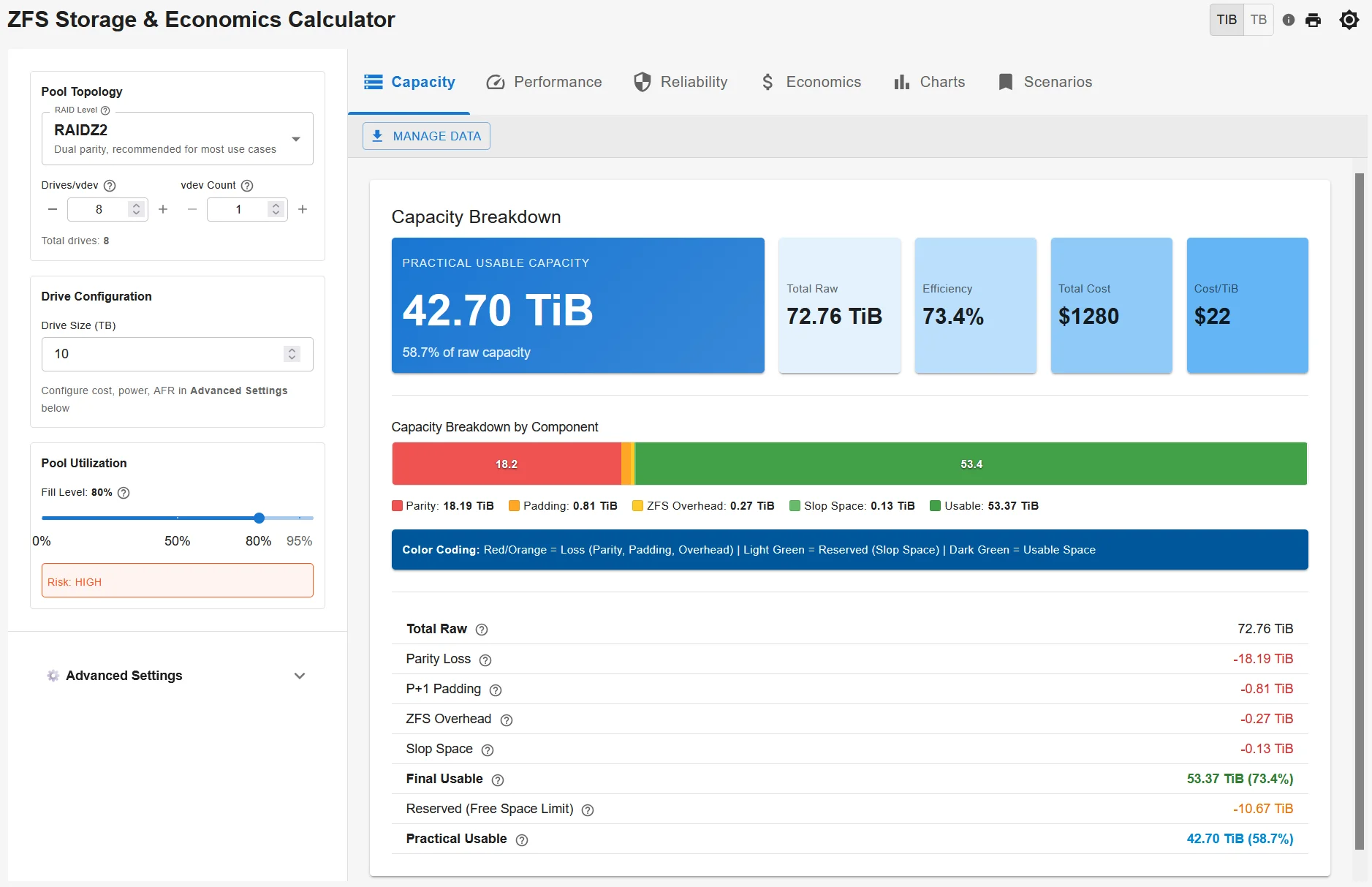 ZFS Calculator Screenshot